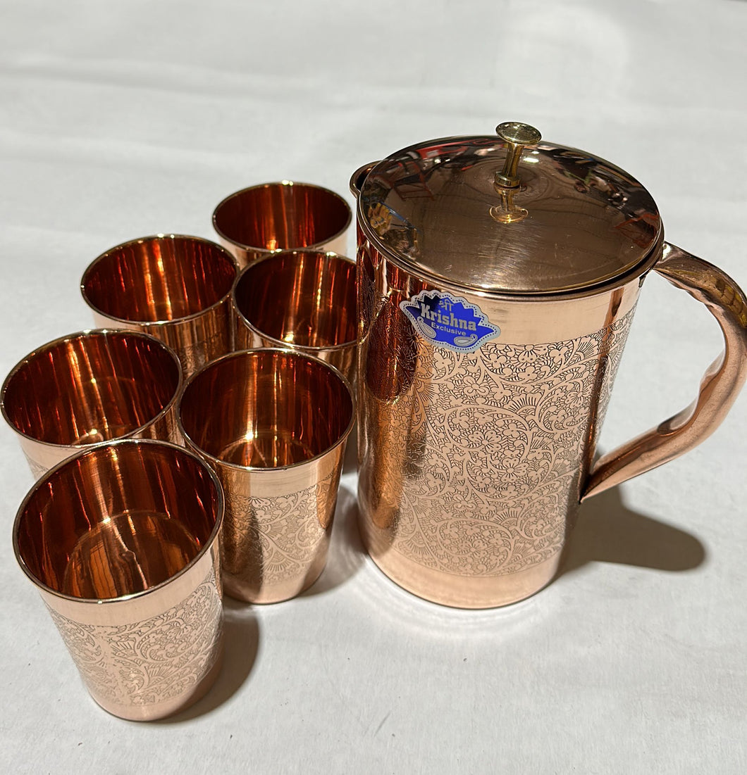 COPPER HAMMERED JUG WITH 6 GLASS