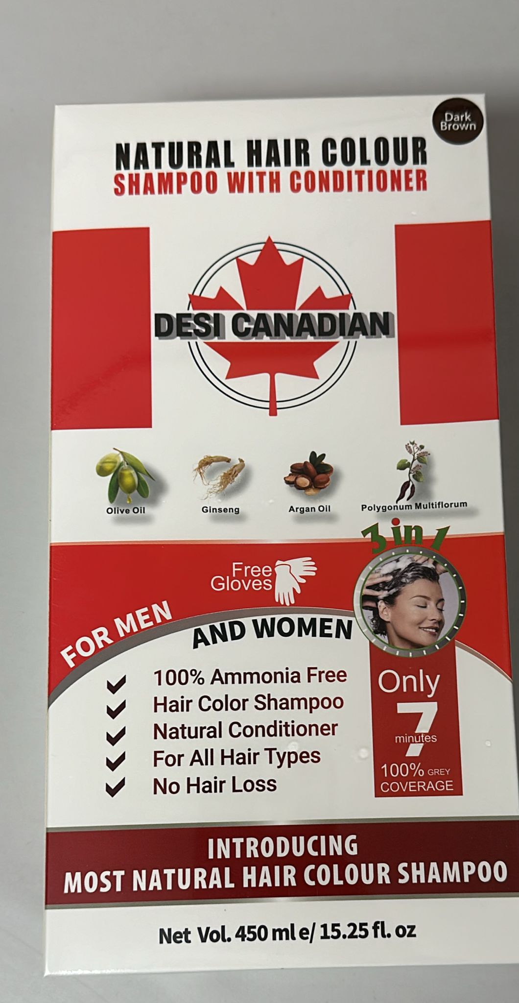 DESI CANADIAN DARK BROWN HAIR COLOUR SHAMPOO 1 PC X 450 ML